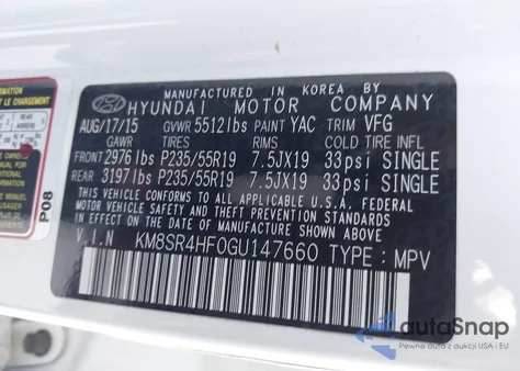 2016 Hyundai Santa Fe Se z USA, uszkodzony, nr VIN KM8SR4HF0GU147660